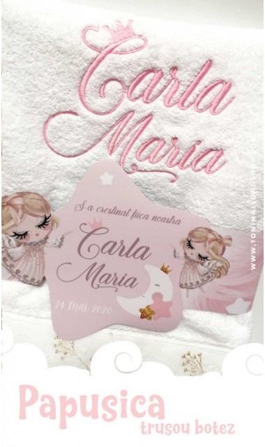 Trusou de botez cu papusica roz, gene lungi si broderie customizata, Doll 3